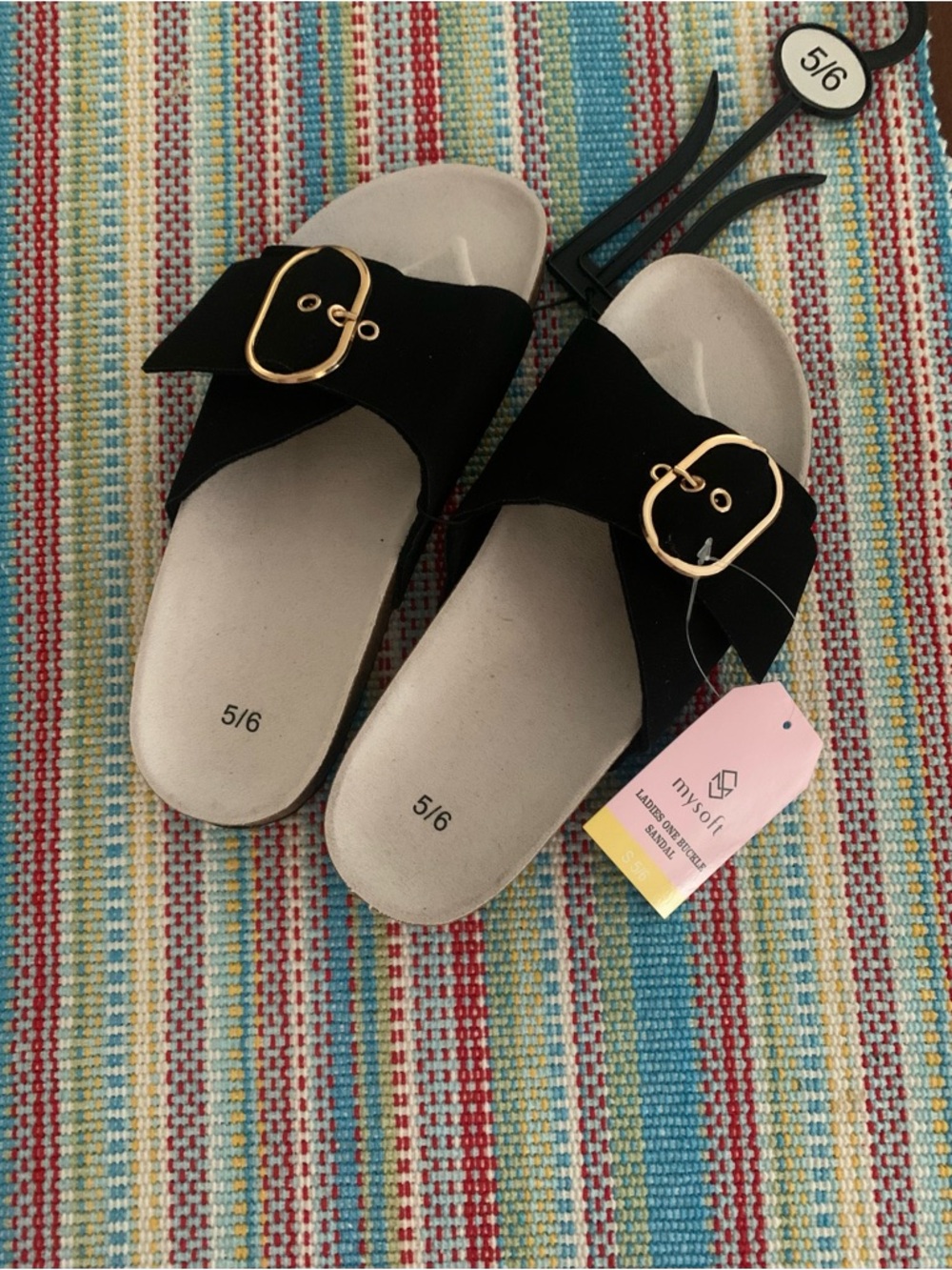 Mysoft Black Slide Sandals with Adjustable Gold Buckle Size 6